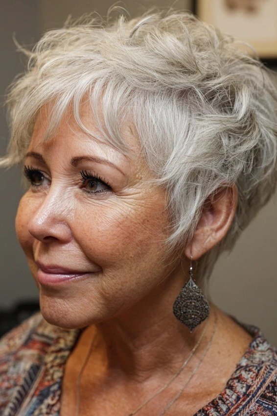 White Pixie Wedge on a woman over 50 - flattering wedge haircut idea