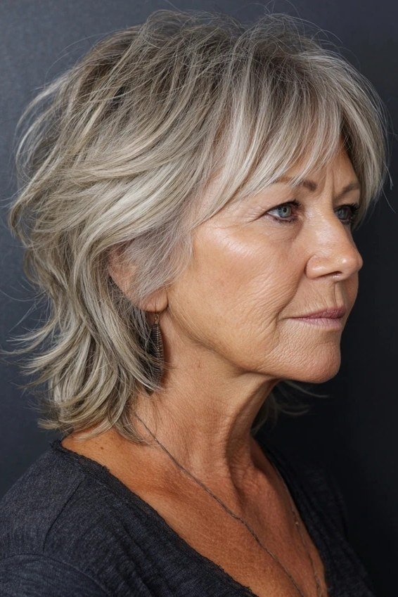 Grey Shaggy Wedge on a woman over 50 - flattering wedge haircut idea