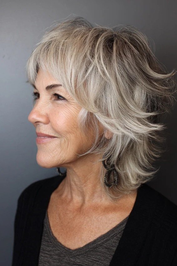Silver Shaggy Wedge on a woman over 50 - flattering wedge haircut idea