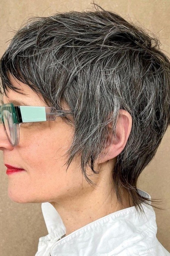 Grey Wedge With Glasses on a woman over 50 - flattering wedge haircut idea