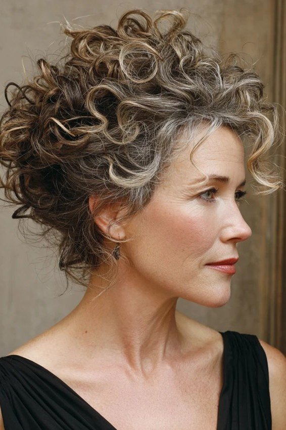 Salt-and-pepper curly evening updo for mature women
