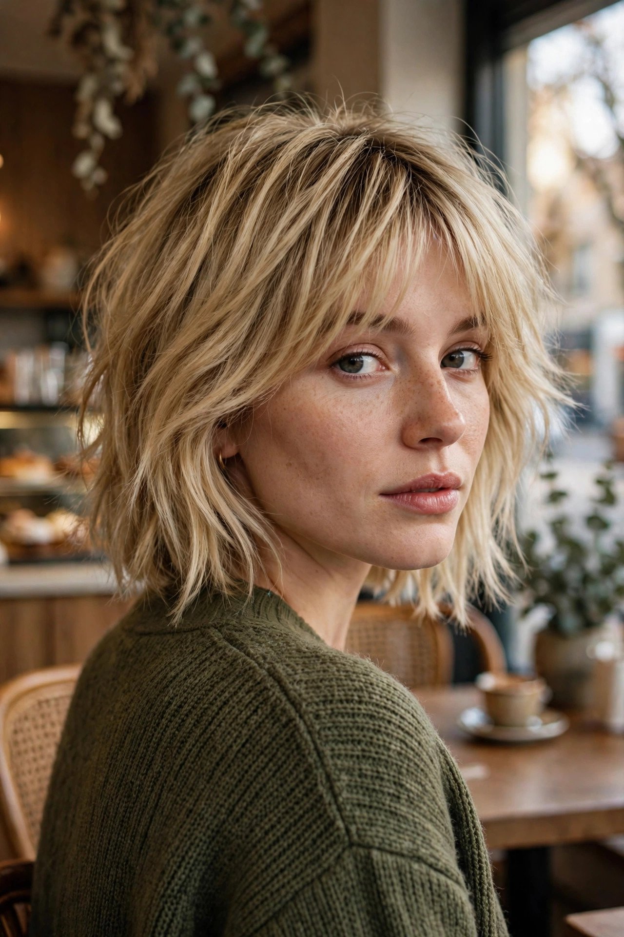 Shaggy bob with bangs growing out