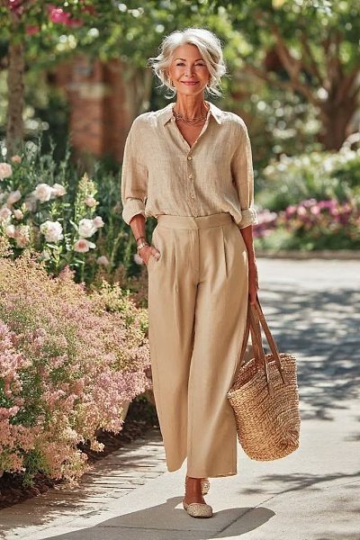 Older woman in a beige linen shirt and wide tan pants carrying a straw tote on a garden path, an ageless fashion idea for women over 70