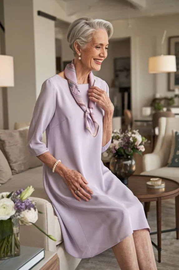 Older woman in a lavender knee-length dress with a scarf seated on a sofa indoors, an ageless fashion idea for women over 70