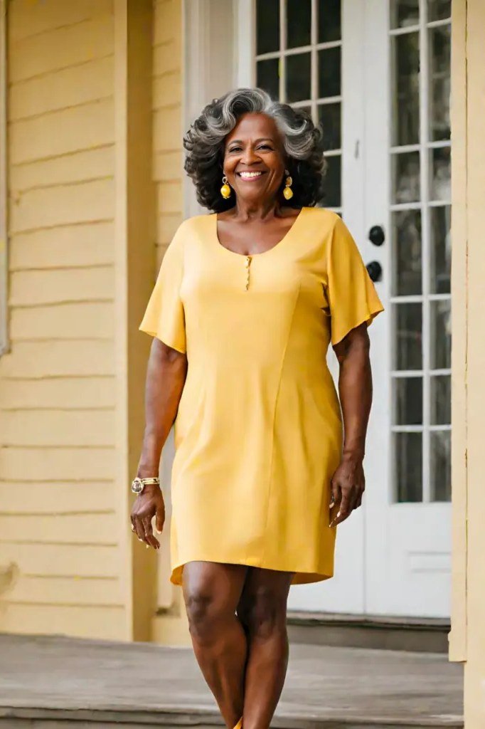 Older woman in a mustard-yellow short-sleeve dress standing on a porch, an ageless fashion idea for women over 70