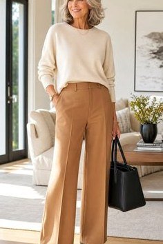 Older woman in a cream sweater and tan wide-leg pants holding a black bag standing indoors, an ageless fashion idea for women over 70