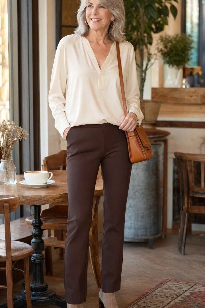Older woman in a cream blouse and brown tailored pants standing in a cafe, an ageless fashion idea for women over 70