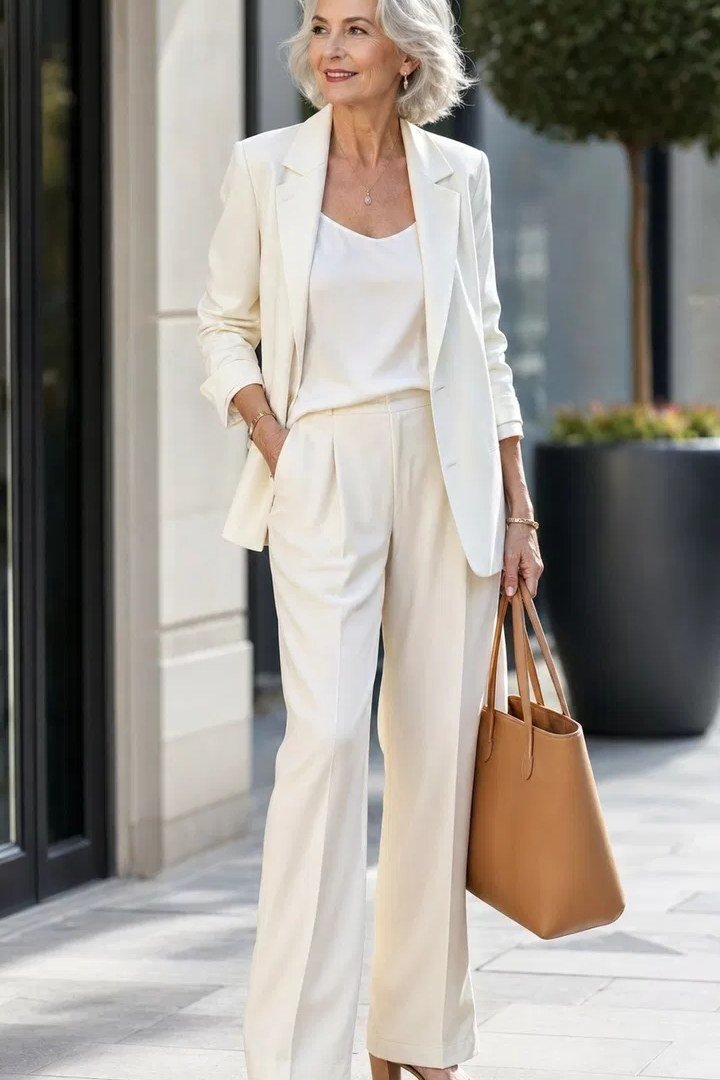Older woman in an ivory-cream suit with a tan leather tote standing outdoors, an ageless fashion idea for women over 70