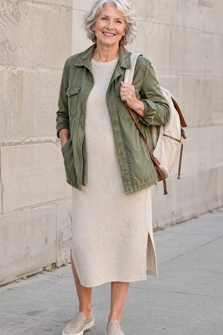 Older woman in an olive utility jacket over a cream midi dress standing against a stone wall, an ageless fashion idea for women over 70