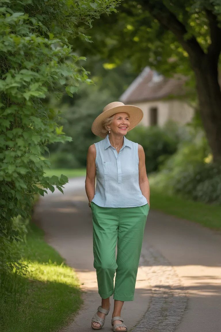 Older woman on a garden path in a straw hat, light-blue sleeveless top, green capri pants and sandals, an ageless fashion idea for women over 70