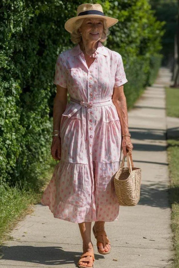 Older woman on a hedge-lined path in a pink floral midi dress, straw hat, woven tote and orange sandals, an ageless fashion idea for women over 70