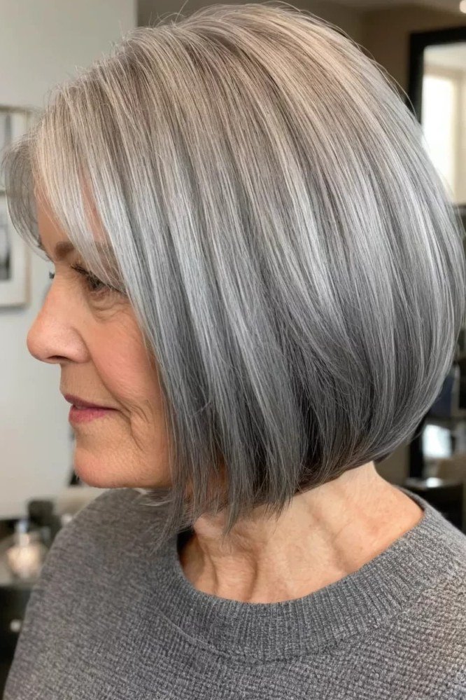 Silver asymmetric bob with side-swept longer front section