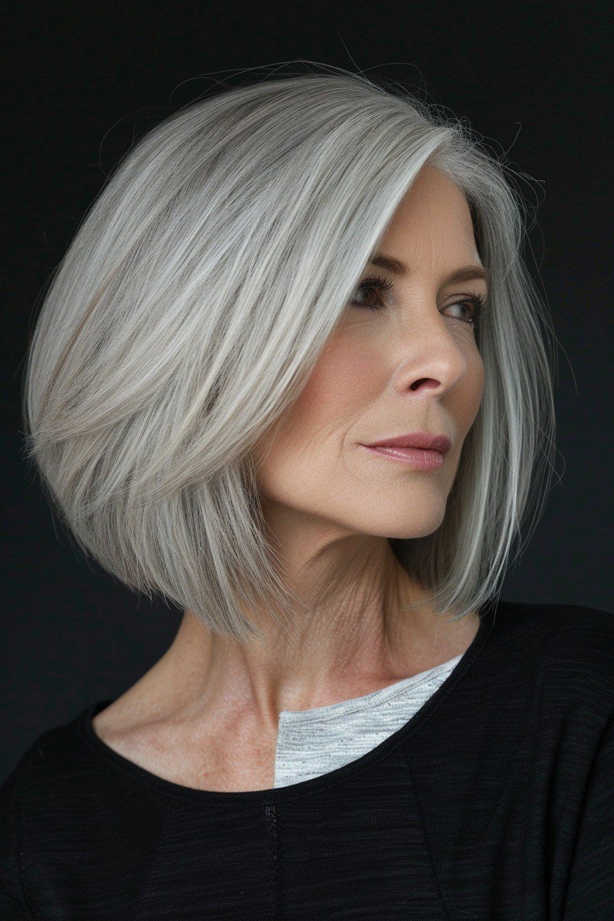 White asymmetric bob with wispy bangs