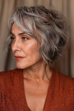 Gray wavy asymmetric bob with tousled waves