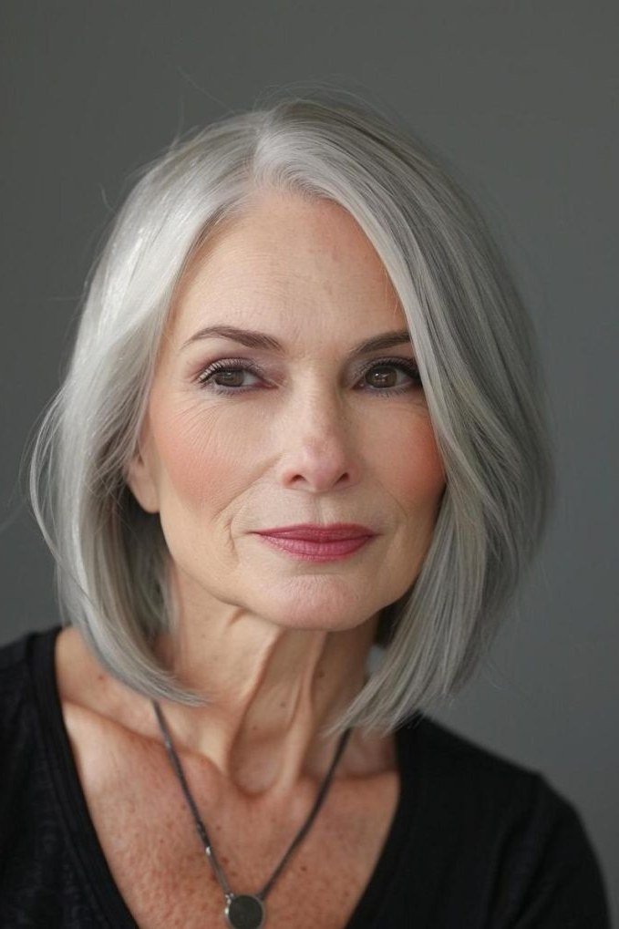 Silver-gray asymmetric bob with side bangs