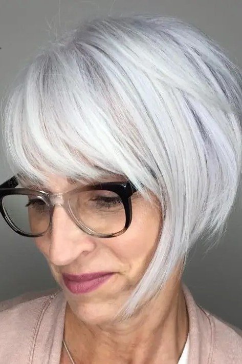 White asymmetric bob with full fringe