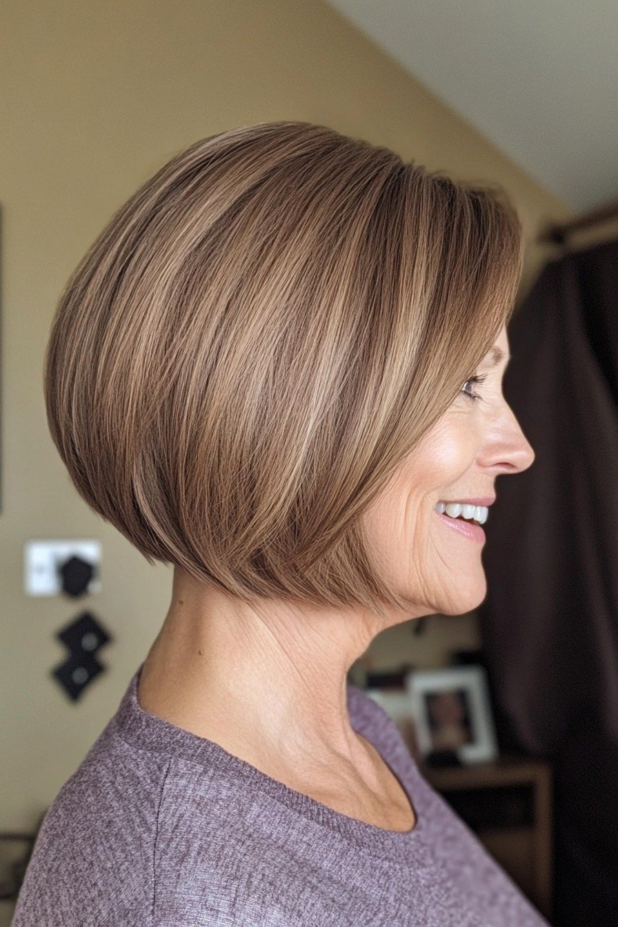 Brown and dark blonde asymmetric bob, one side longer
