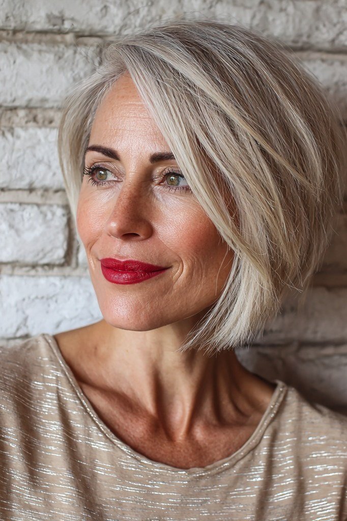 Silver-gray asymmetric bob with bangs