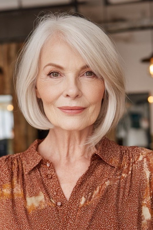 White asymmetric bob with one side longer, straight and sleek
