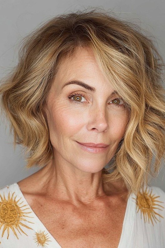 Blonde wavy asymmetric bob with soft waves