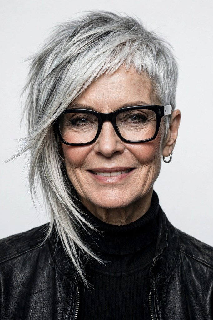 Silver-gray asymmetric pixie-bob with bangs
