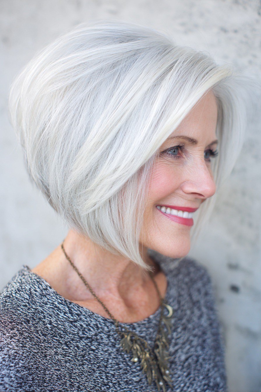 White asymmetric bob with one side longer