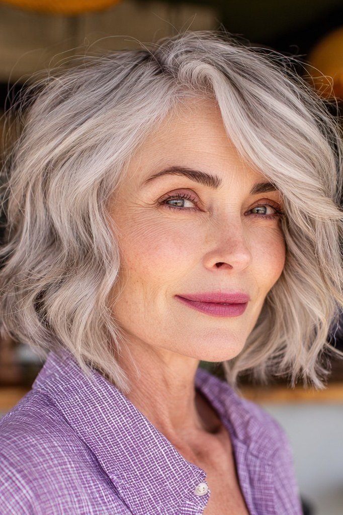 Silver-gray wavy asymmetric bob with soft waves