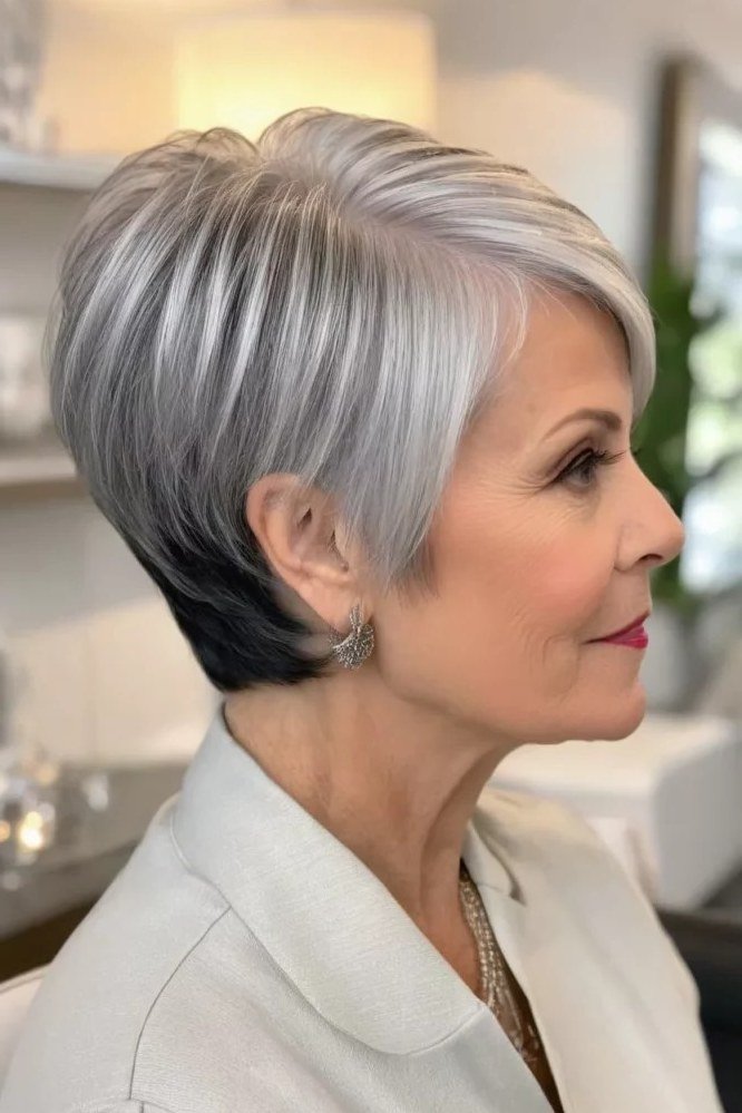Silver asymmetric pixie-bob, short and textured