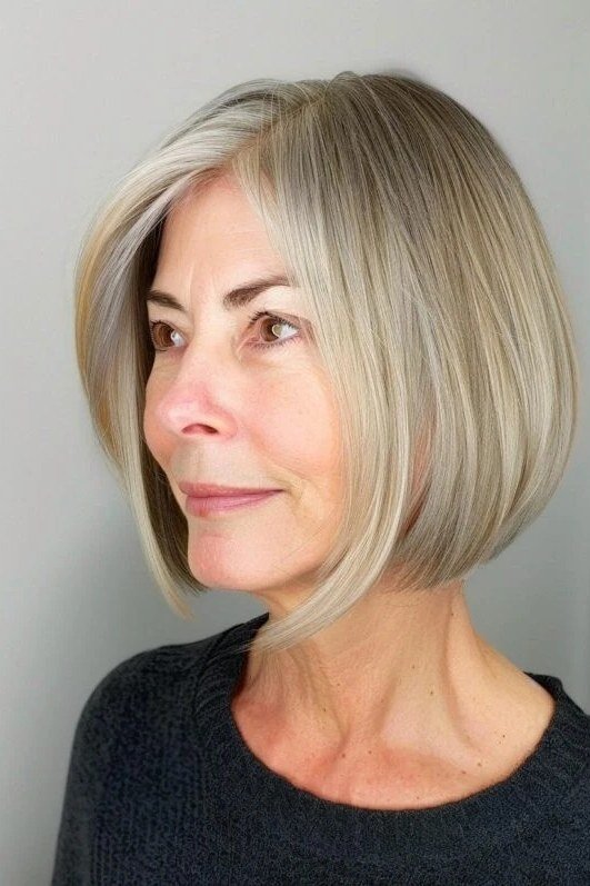 Blonde asymmetric bob, smooth and straight