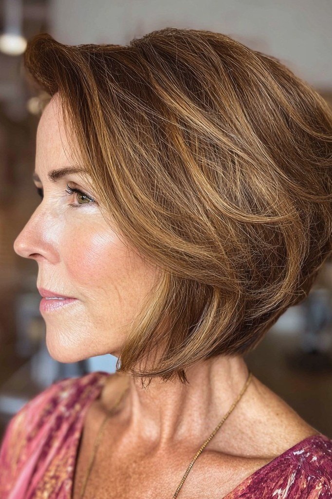 Brown asymmetric bob with one side longer