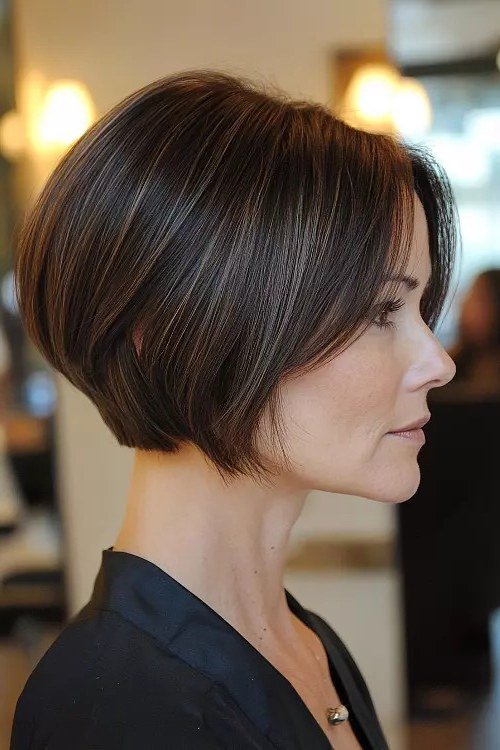 Dark brown asymmetric bob with one side longer