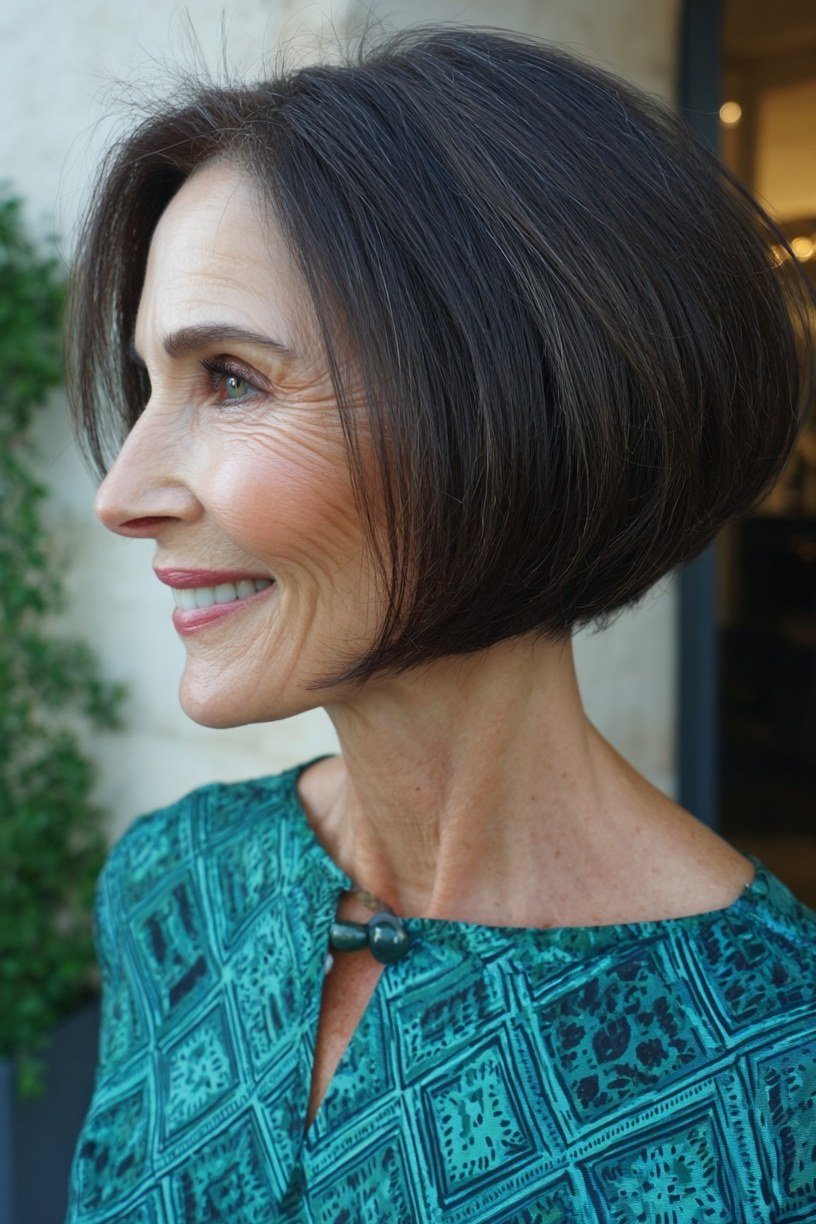 Black to dark brown asymmetric bob, sleek and straight