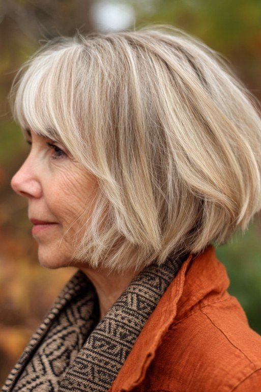 Blonde asymmetric bob with bangs