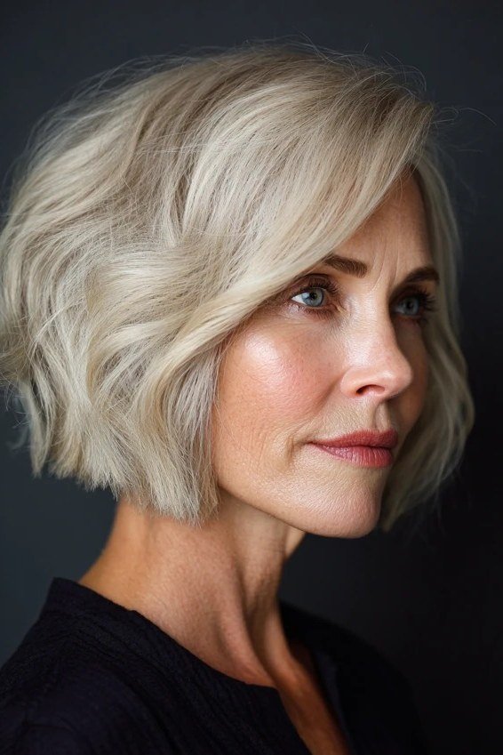 White wavy asymmetric bob with soft waves