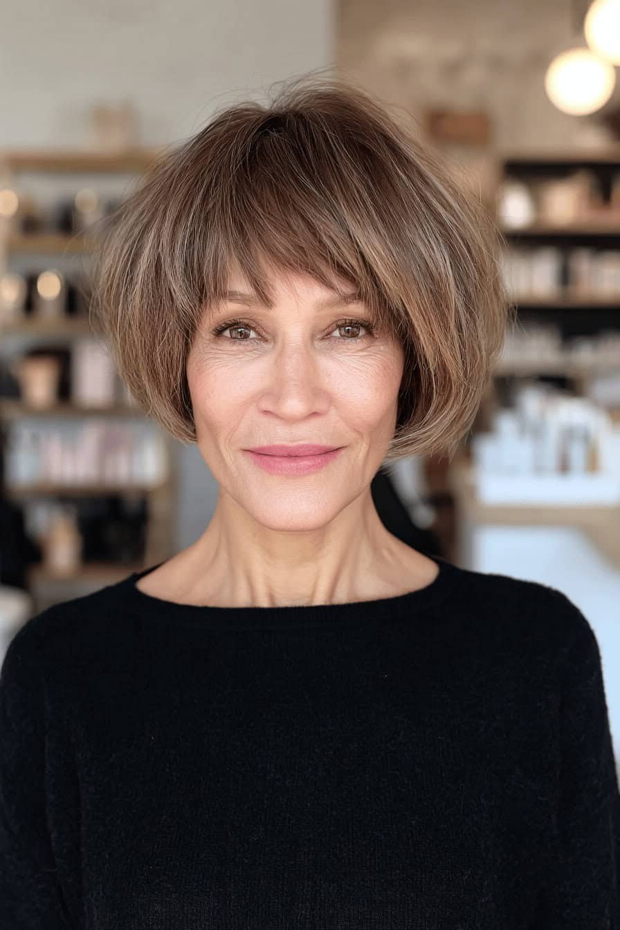 Brown asymmetric bob with bangs and uneven front