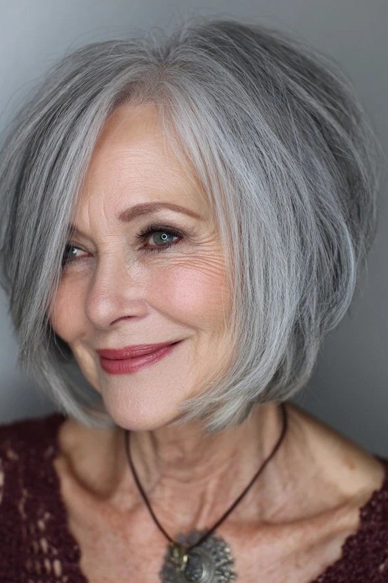 Silver-gray asymmetric bob with longer front edge