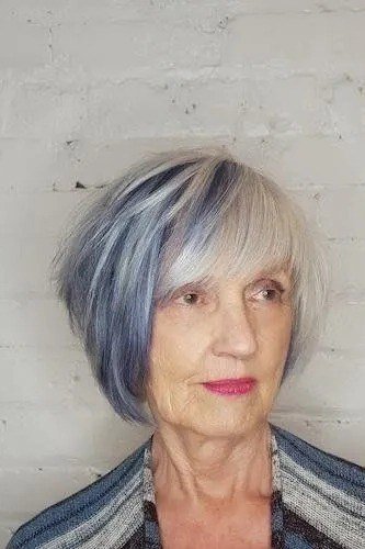 Silver-blue-gray asymmetric bob with bangs