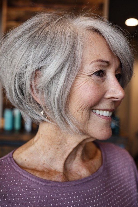 Silver-gray asymmetric bob with bangs