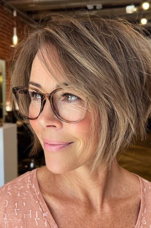 Light brown layered asymmetric bob