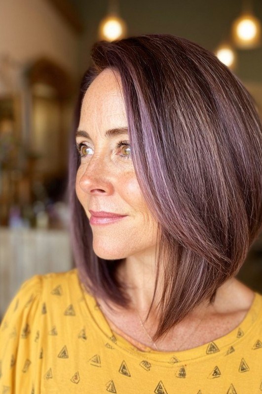 Plum-burgundy asymmetric bob with one side longer