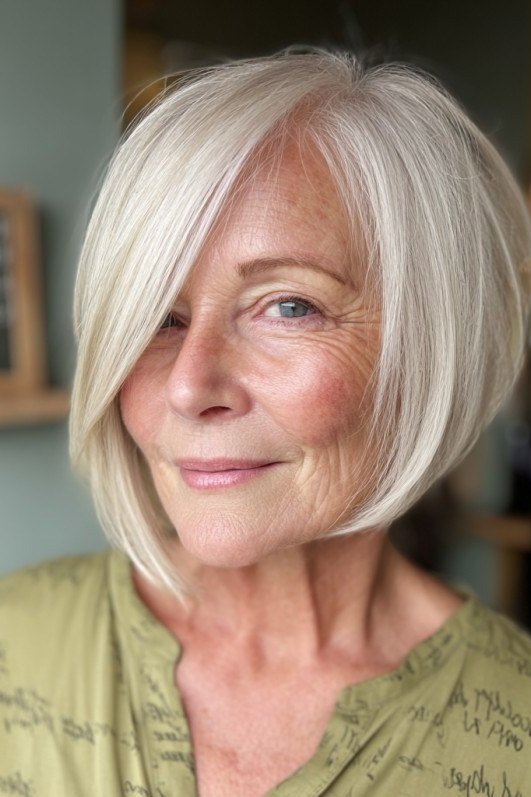 White asymmetric bob with one side longer, straight