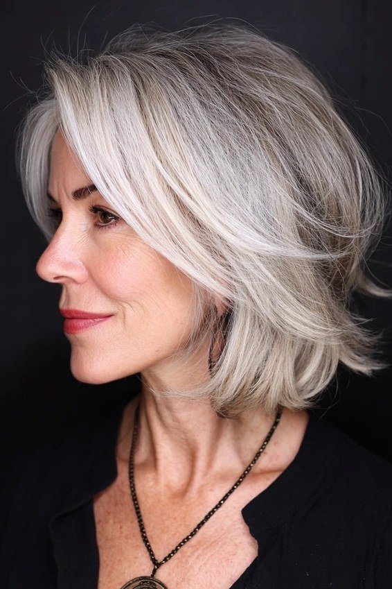 Silver-gray wavy asymmetric bob with tousled waves