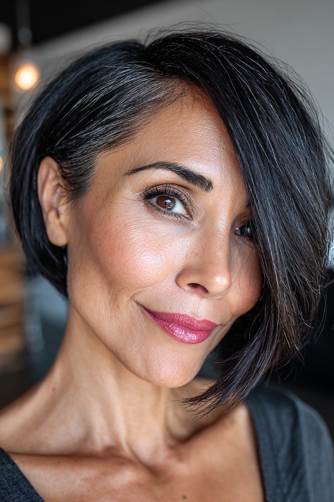 Black-dark asymmetric bob with side-swept longer panel