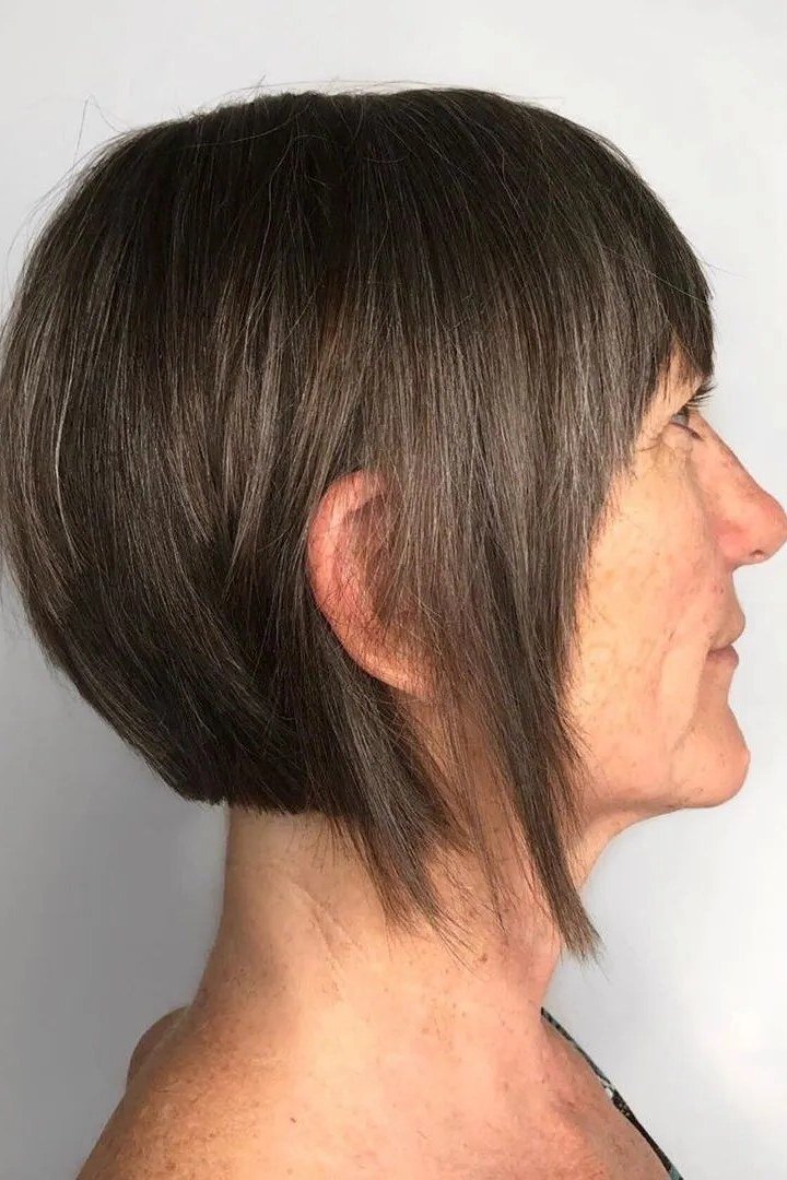Dark brown asymmetric bob with one side longer