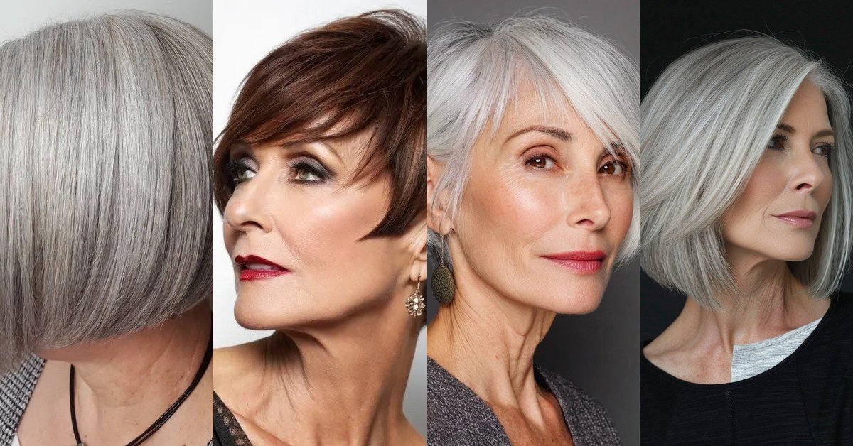 64 asymmetrical bob hairstyles for women over 60 featured collage of silver white brown and copper asymmetrical bob haircuts