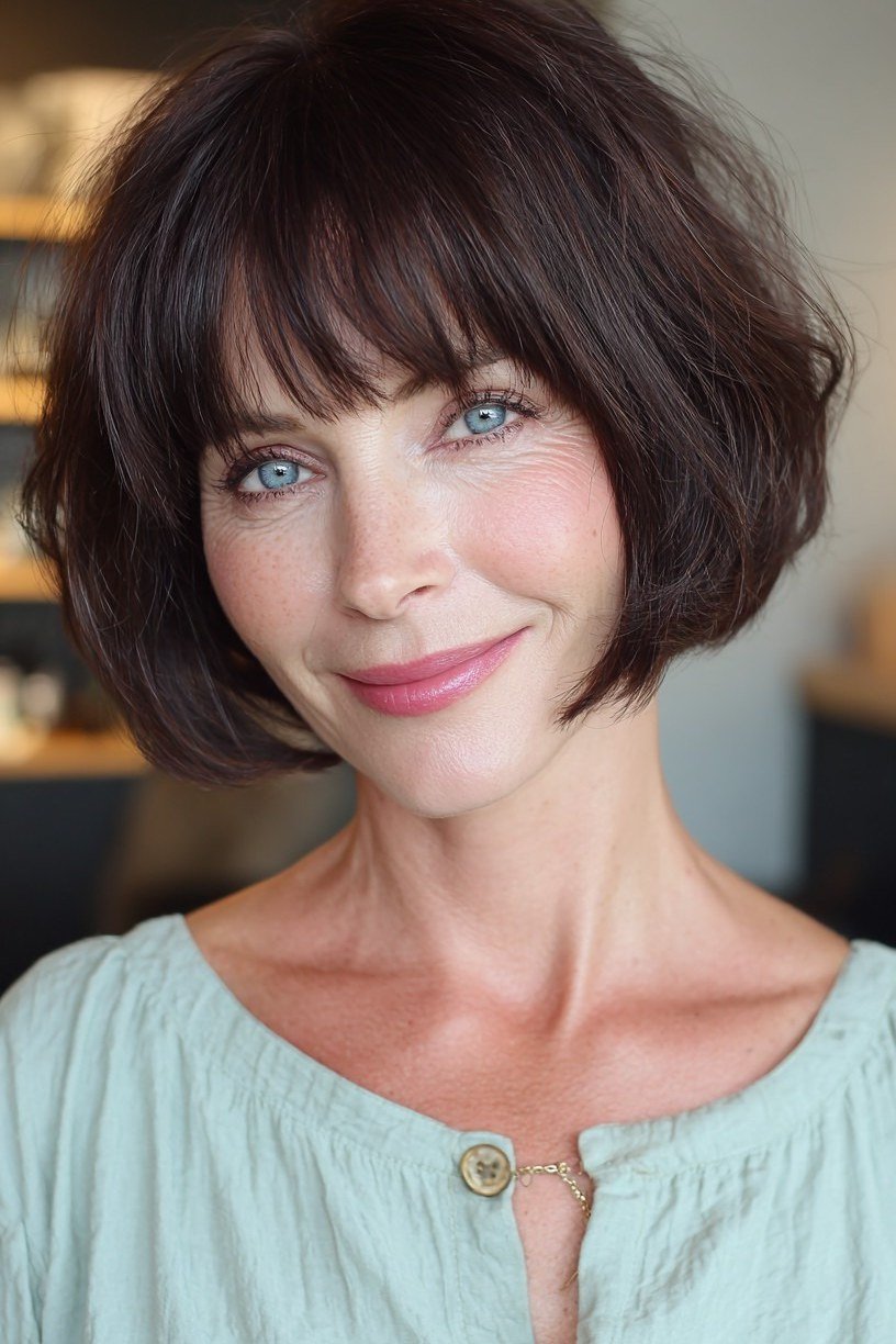 Classic Brunette Bob with Full Straight Bangs for Women Over 40
