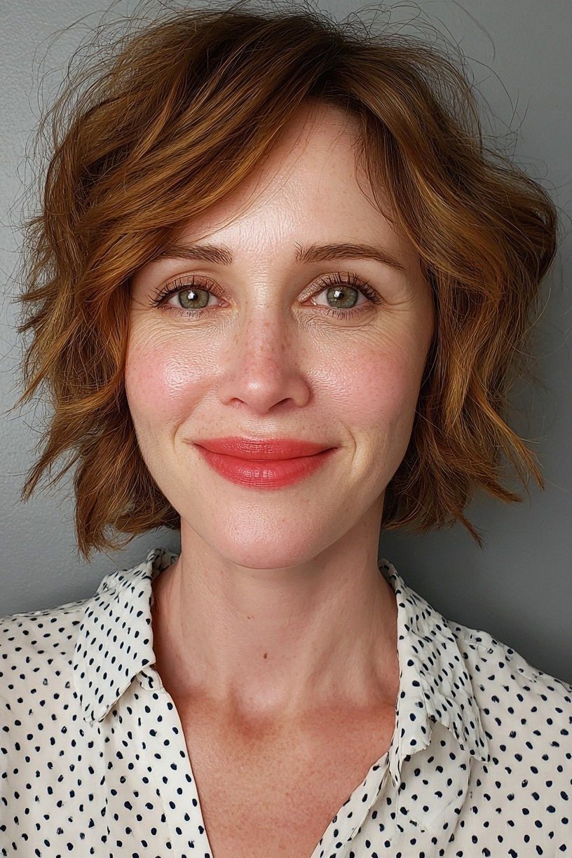 Auburn Wavy Bob with Soft Bangs for Women Over 40
