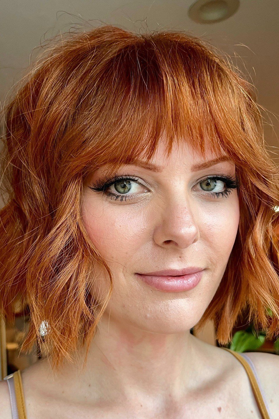 Copper Red Wavy Bob with Bangs for Women Over 40