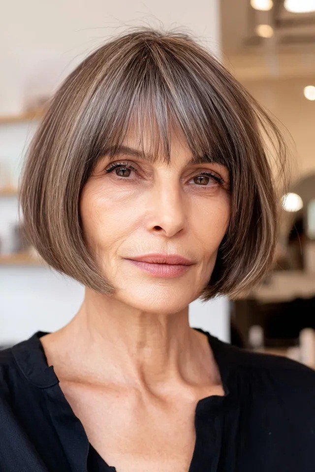Ash Gray-Blonde Bob with Straight Bangs for Women Over 40