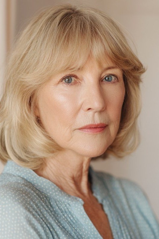 Blonde Layered Bob with Curtain Bangs for Women Over 40